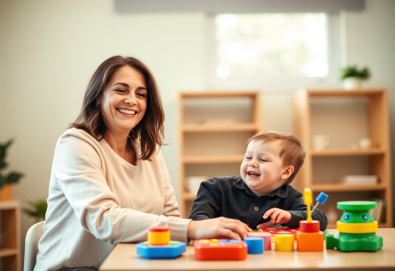 Therapist warmly interacting with a child during a play-based therapy session